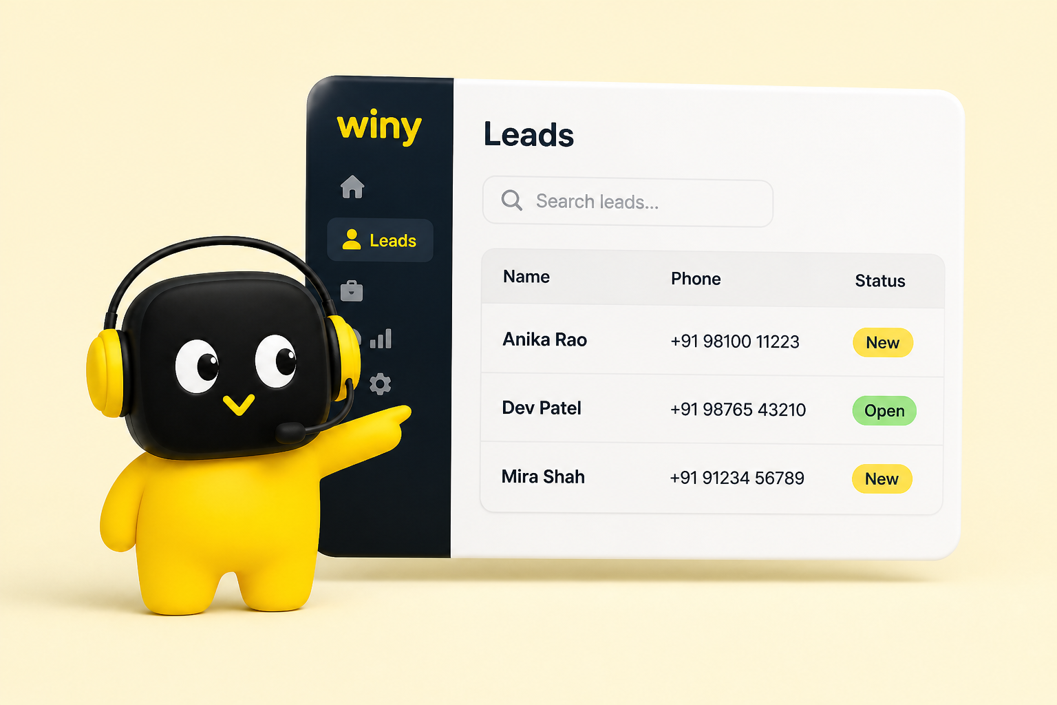 Winy creating a new WhatsApp lead in the CRM