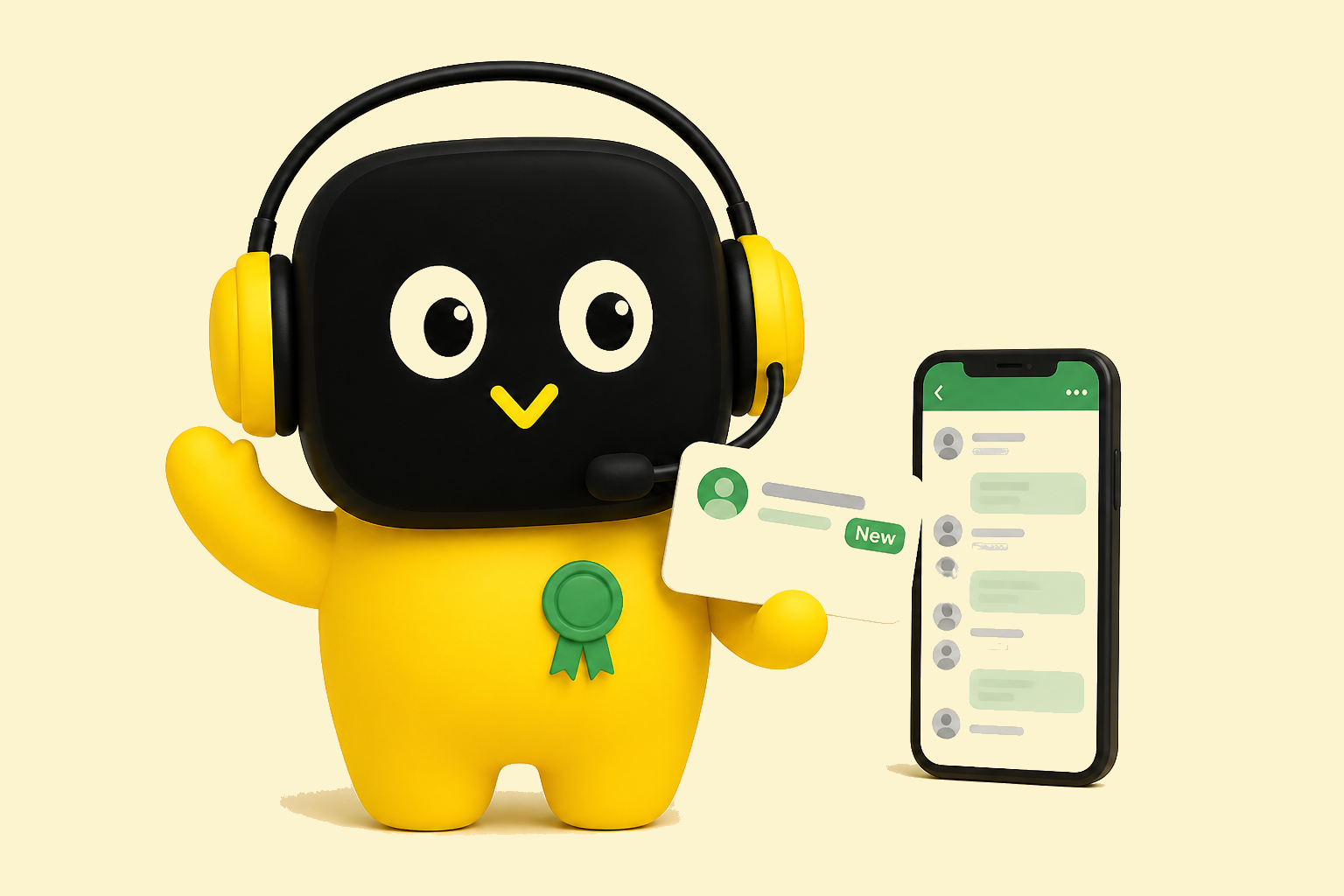 Winy waving from a phone, green medal, pulling a new lead from a chat