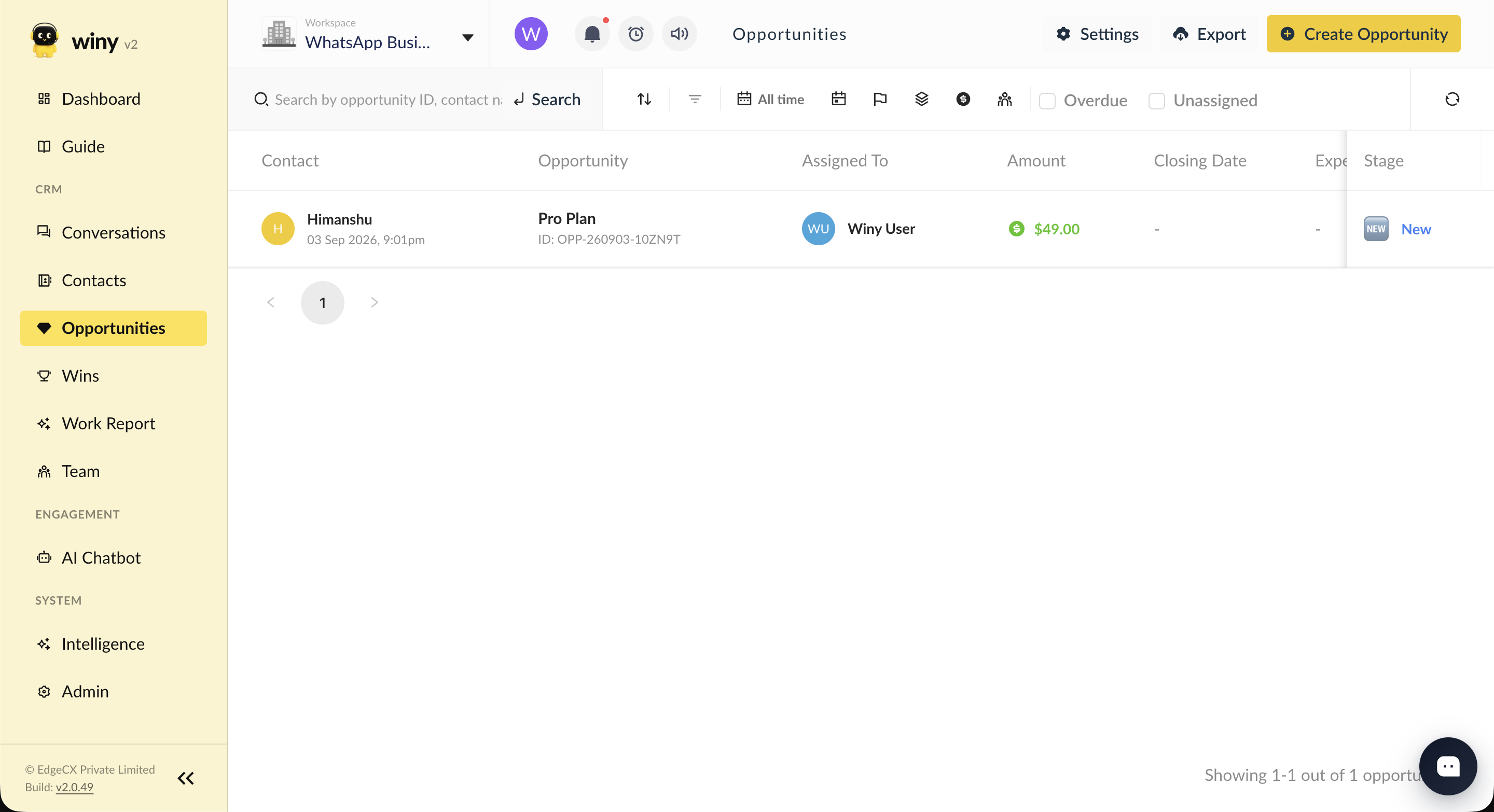 Winy opportunities list showing stage and amount